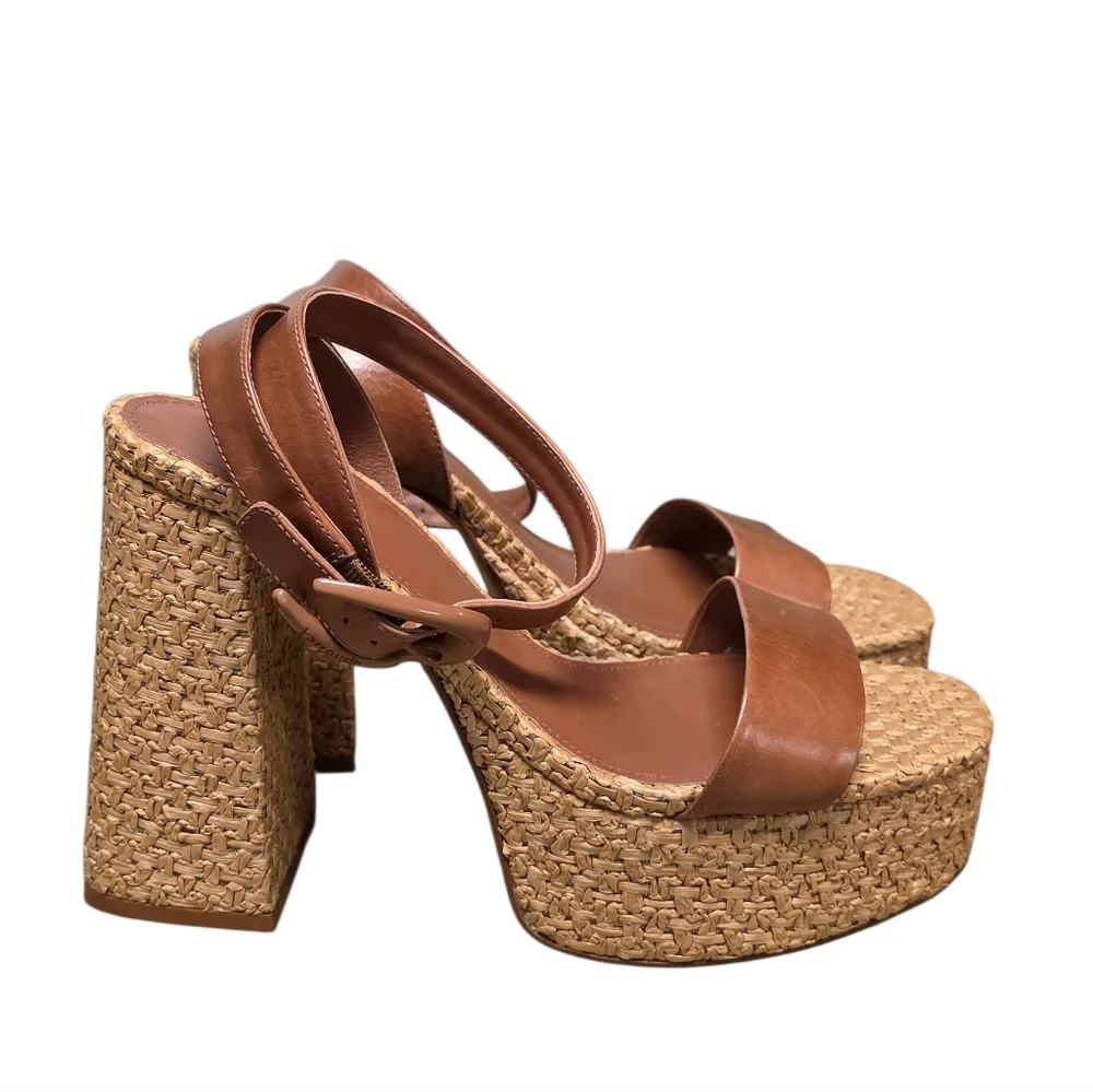 LARROUDE VERONA DOLLY PLATFORM HEEL CARAMEL/RAFFIA 9